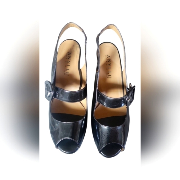 Anyi Lu Women's Black Peep-Toe Slingback Patent Leather Made In Italy Heels - Picture 7 of 9